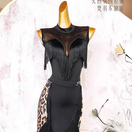 Black Open-Back Leotard & Leopard Print Fringe Skirt Latin Dance Costume Set