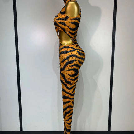 Tiger Print Rhinestone Catsuit Illusion Mesh Long-Sleeve Jumpsuit Stage Performance Costume