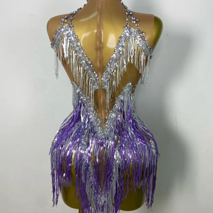Sparkly Rhinestone & Tassel Fringe Latin Dance Mini Dress Stage Costume