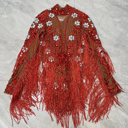 Sparkly Rhinestone Tassel High-Cut Stage Performance Bodysuit Dance Leotard