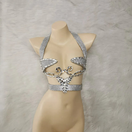 Sparkly Silver Carnival Rhinestone Wire Bra Festival Push-Up Dance Top