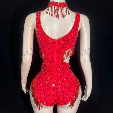 Sparkly Rhinestone Tassel Mock Neck Bodysuit Sleeveless Showgirl Stage Leotard