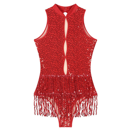 Glitter Sequin Fringe Latin Dance Leotard & Backless Performance Bodysuit