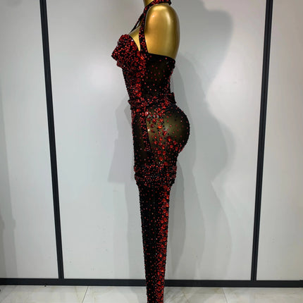 Crimson Diamond Rhinestone Catsuit Sheer Mesh Backless Jumpsuit Stage Costume