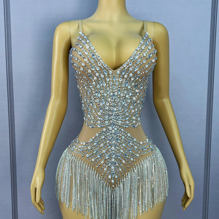 Flashing Crystal Rhinestone Chain Sheer Nude Mesh Stage Bodysuit Dance Leotard