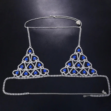 Sparkly Glass Crystal Rhinestone Heart Body Chain Bra & Thong Lingerie Set