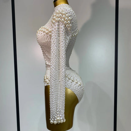 Luxury Pearl Long Sleeve Spandex Stretch Bodysuit Evening Stage Performance Costume
