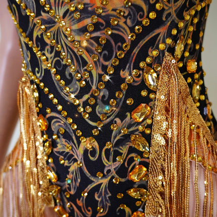 Gold Sequin Halter Bodysuit & Beaded Tassel Fringe Latin Dance Stage Costume