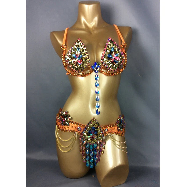 Dazzling Samba Carnival Wire Bra & Belt Rainbow Crystal Costume Set