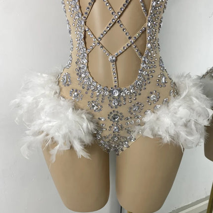 The Stardust Follies Feather Bodysuit – Luxury Rhinestone & Mesh Showgirl Costume