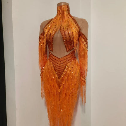 Orange Sparkly Crystal Fringe Bodysuit Off-Shoulder Stage Performance Costume Leotard