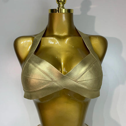 Gold Knitted Halter Bandage Two-Piece Set Stage Performance Costume Outfit