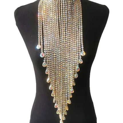 Luxury Rhinestone Long Tassel Statement Choker – Waist-Length Crystal Drop Necklace for Weddings, Galas & High-Fashion Clubwear