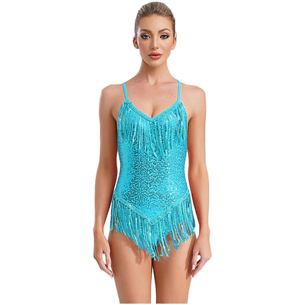 Sequins Fringed Cross Back Latin Dance Leotard Sleeveless V-Neck Bodysuit