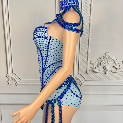 Sparkly Rhinestone Tassel Spandex Bodysuit Halter Dance Stage Costume Leotard