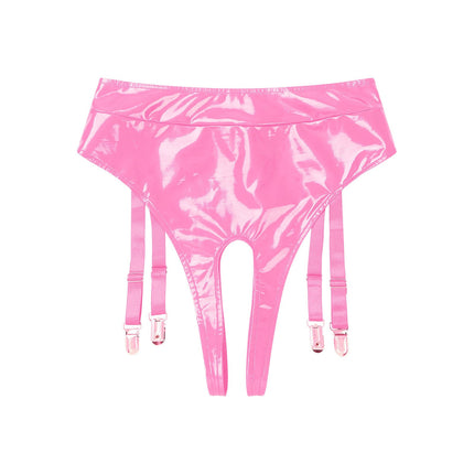 High-Waist Patent Leather Crotchless Thong & Garter Clip Lingerie