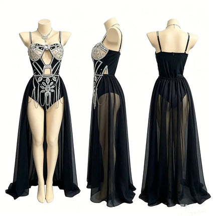 Sparkly Rhinestones Chains Bodysuit with Gauze Trailing Women Nightclub Bar Stage Performance Costume Music Festival Rave Outfit