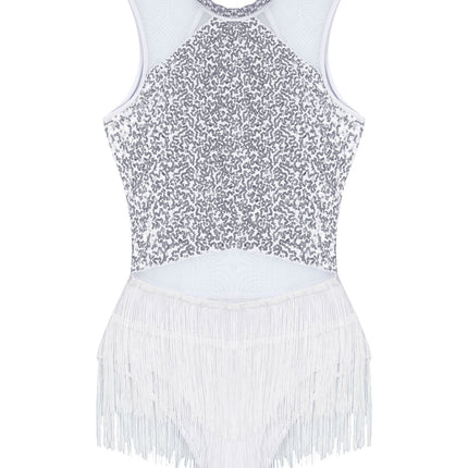Women Sequins Diamond Latin Jazz Dance Costume Sleeveless Cutout Back Flowy Tassel Dress Leotard Tango Cha-Cha Samba Dancewear