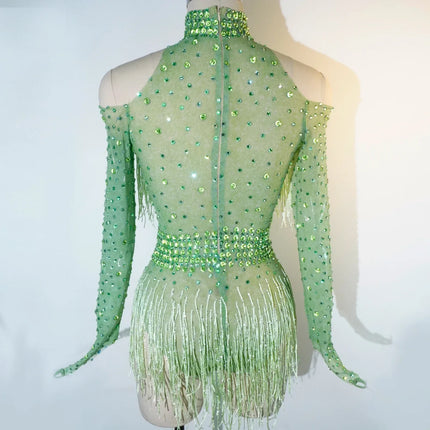 Rhinestone Tassel Mesh Performance Bodysuit
