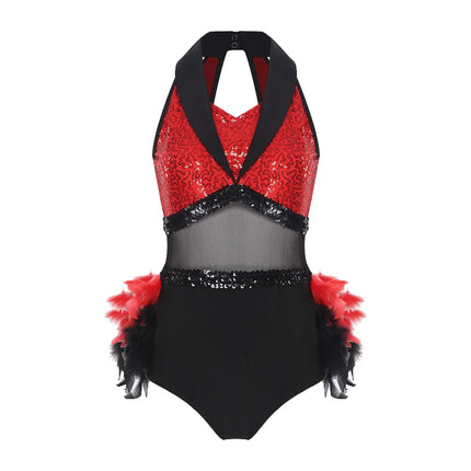 Women's Shiny Sequin Sheer Mesh Feather Latin Jazz Dance Bodysuit