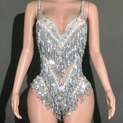 Sparkly Rhinestone & Tassel Bodysuit Stage Performance Dance Costume