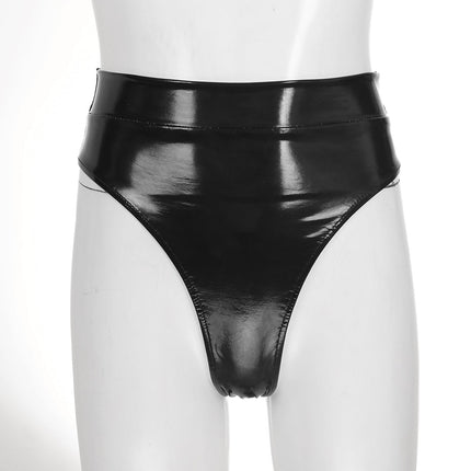 High-Waist Patent Leather Wet-Look Briefs with Adjustable Back Buckle Belt