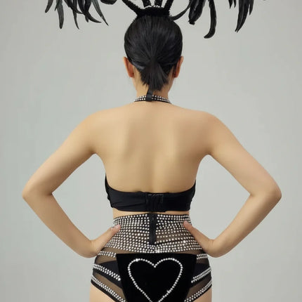 Silver Crystal Diamond Bikini & Sculptural Wing Headpiece Stage Performance Costume Set