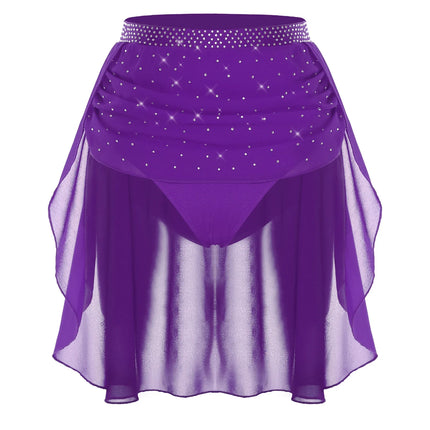 Womens Modern Lyrical Dance Skirt Performance Costume Sparkly Rhinestone Irregular Chiffon Hem Built-in Briefs Skirt Dancewear