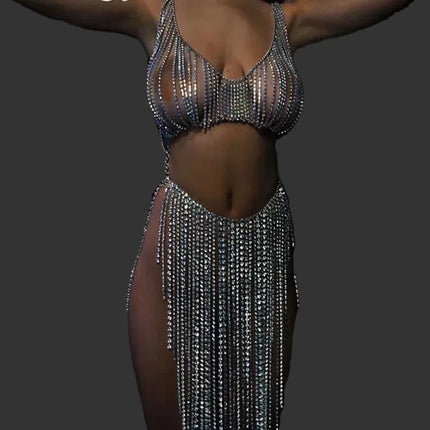 Dazzling Rhinestone Tassel Bra Chain & Skirt Bikini Body Jewelry Set
