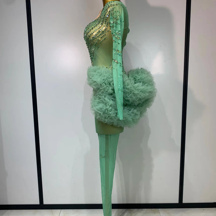 Luxury Green Diamonds Mesh See-Through Long Sleeve Jumpsuit Stage Performance Costume