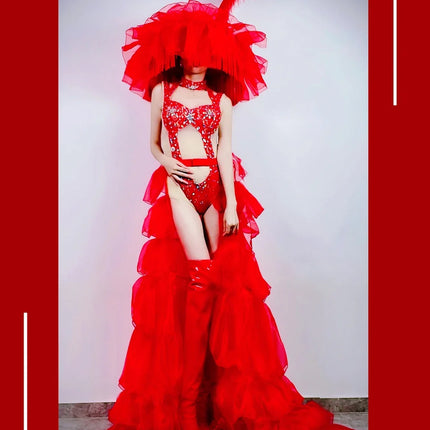 Hollow-Out Rhinestone Bodysuit & Feathered Layered Skirt Carnival Costume Set
