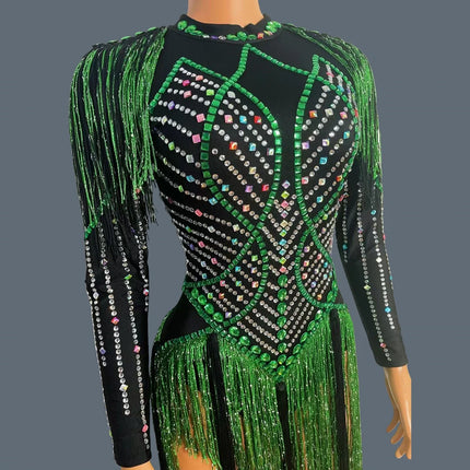 Sparkly Rhinestone Tassel Fringe Dance Performance Mini Dress Stage Bandage Dress