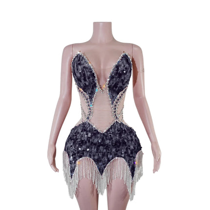 Sequin Beaded Tassels Mini Dress Crystals Mesh Bodycon Stage Performance Outfit