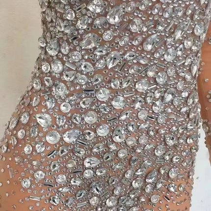Sparkling Full Crystal Illusion Jumpsuit Long Sleeve Rhinestone Catsuit Stage Wear