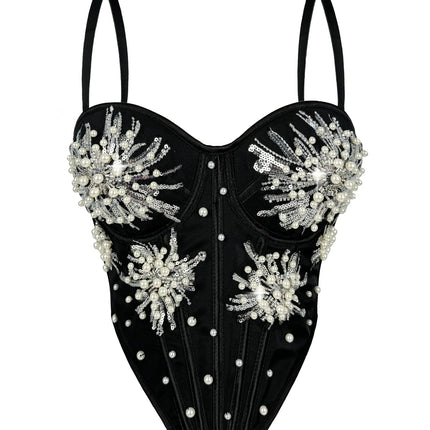 Pearl & Sequin Embroidered Floral Bustier Corset Top Asymmetric Camisole Bralette