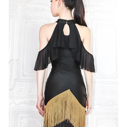 Black High-Neck Short-Sleeve Bodysuit & Gold Fringe Skirt Latin Dance Costume Set