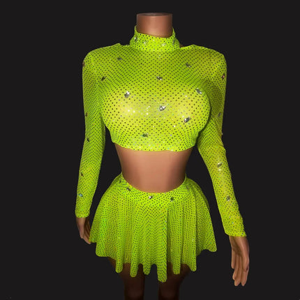 Neon Lime Rhinestone Crop Top & Fringe Mini Skirt 2-Piece Stage Costume Set