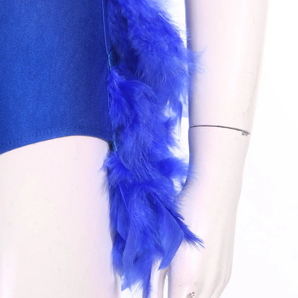 Glittery Rhinestone & Faux Feather Latin Dance Leotard Halter Bodysuit