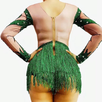 Sparkly Green Crystal & Tassel Fringe Bodysuit Stage Performance Costume