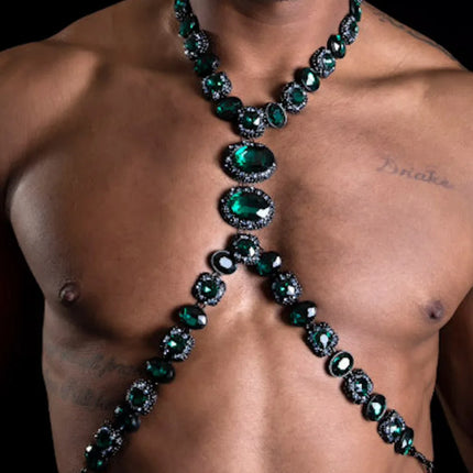 Men's Green Crystal Rhinestone Body Chain Harness Punk Stage Cross Chest Collar
