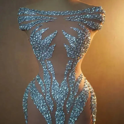 Sparkly Silver & Red Rhinestone Sleeveless Mini Dress Stage Costume