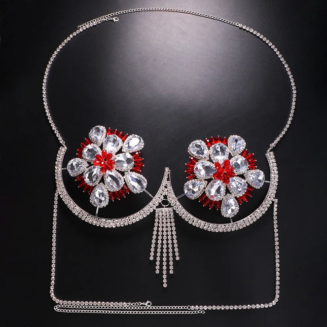 Rhinestone Flower Nipple Pasties & Body Chain Bra Set