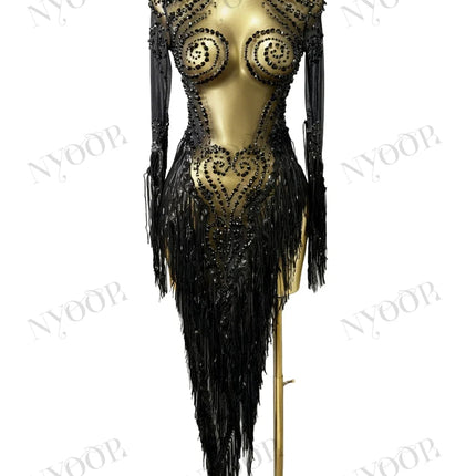 Black Rhinestone Fringe Illusion Mini Dress Sparkly Stage Dance Costume