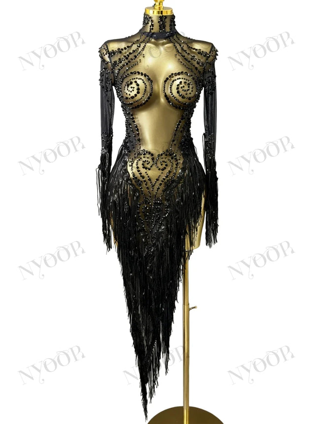 Black Rhinestone Fringe Illusion Mini Dress Sparkly Stage Dance Costume