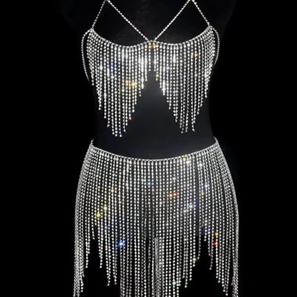 Dazzling Crystal Tassel Body Chain & Skirt Set