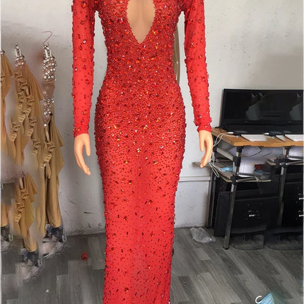 Sparkling Full Crystal Illusion Jumpsuit Long Sleeve Rhinestone Catsuit Stage Wear