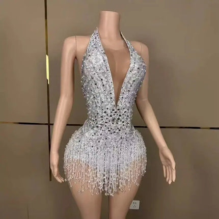 Deep V-Neck Backless Rhinestone, Pearl & Fringe Bodysuit Stage Performance Costume