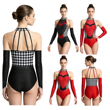 Queen of Hearts Rhinestone Halter Bodysuit & Sleeves Checkered Circus Stage Costume Set
