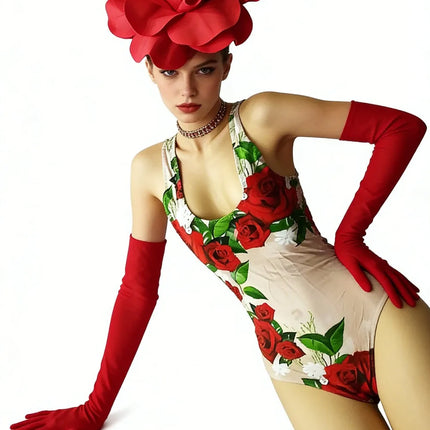 Scarlet Rose Floral Bodysuit, Opera Gloves & 3D Flower Headpiece 3-Piece Stage Costume Set