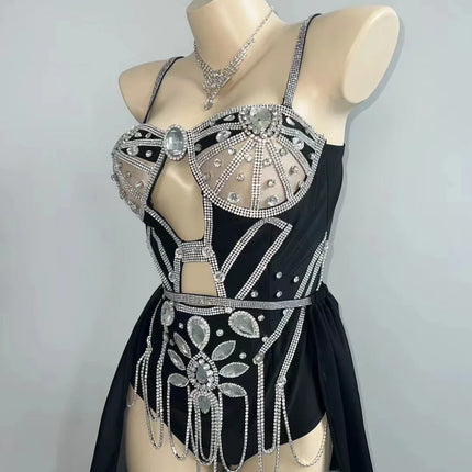 Sparkly Rhinestones Chains Bodysuit with Gauze Trailing Women Nightclub Bar Stage Performance Costume Music Festival Rave Outfit